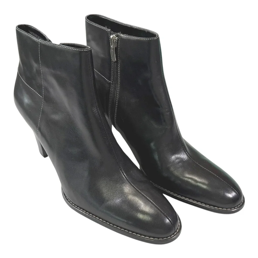 AK Anne Klein 10M Black Leather Ankle Boots Pointed Toe Heel Officecore Chic